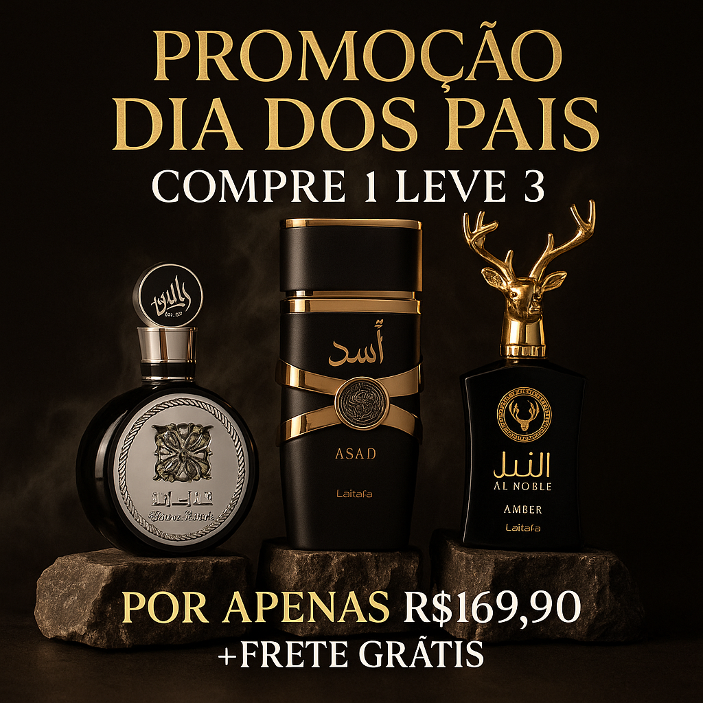 KIT 3 PERFUMES MASCULINOS ÁRABES 100ml CADA | ASAD LATTAFA + FAKHAR BLACK + AL NOBLE (QUEIMA DE ESTOQUE)